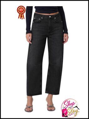 Mid Rise Barrel Jeans Wide Leg Soft Stretch Denim Pants Cropped Ankle